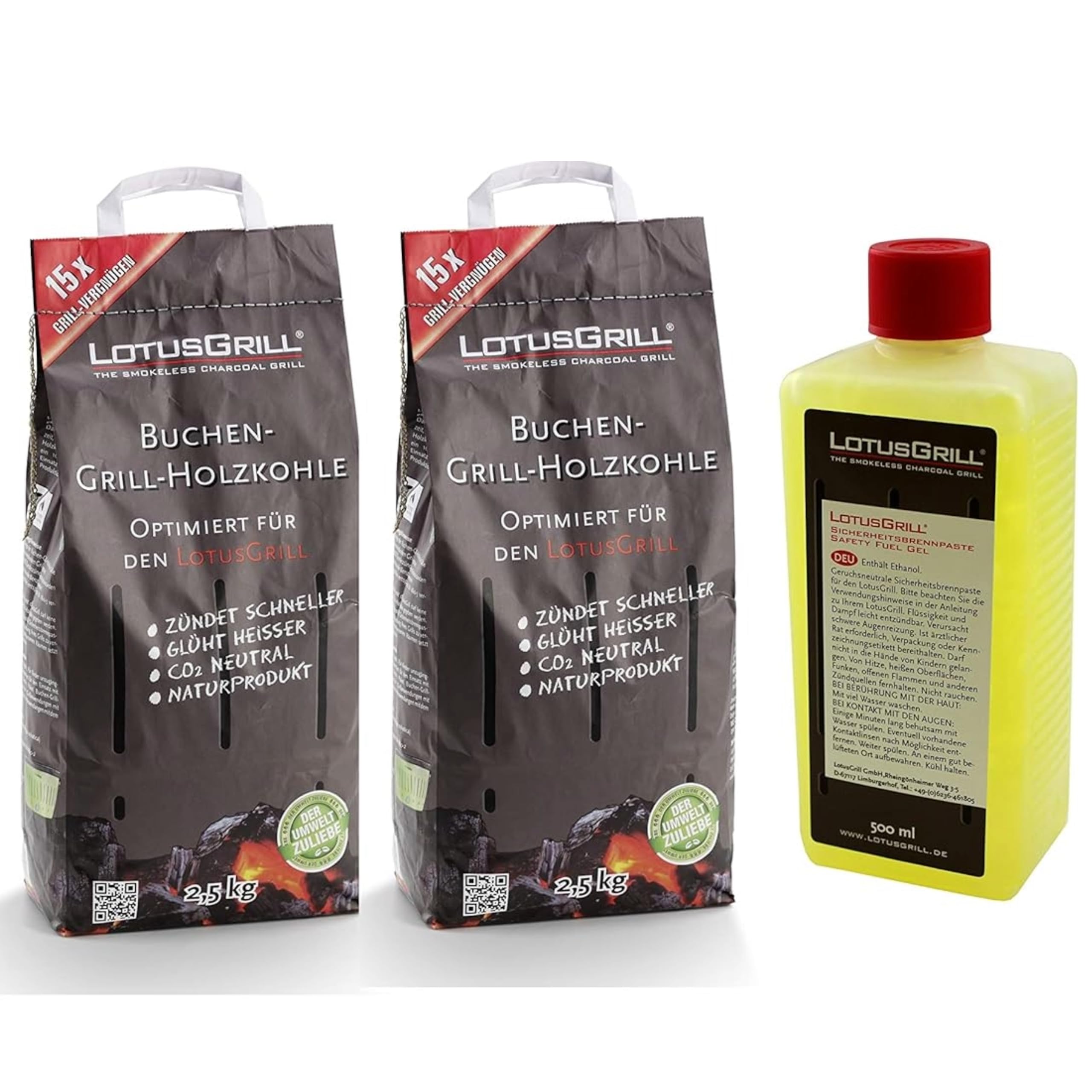 lotusgrill-buchenholzkohle-2x-2-5-kg-brennpaste-500-ml-sparpaket-f-r-raucharmes- image 1